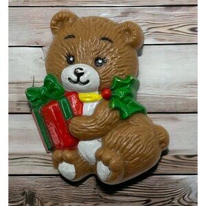 Christmas Teddy Bear Refrigerator Magnet Vintage Decor Brown Gift Giving Russ